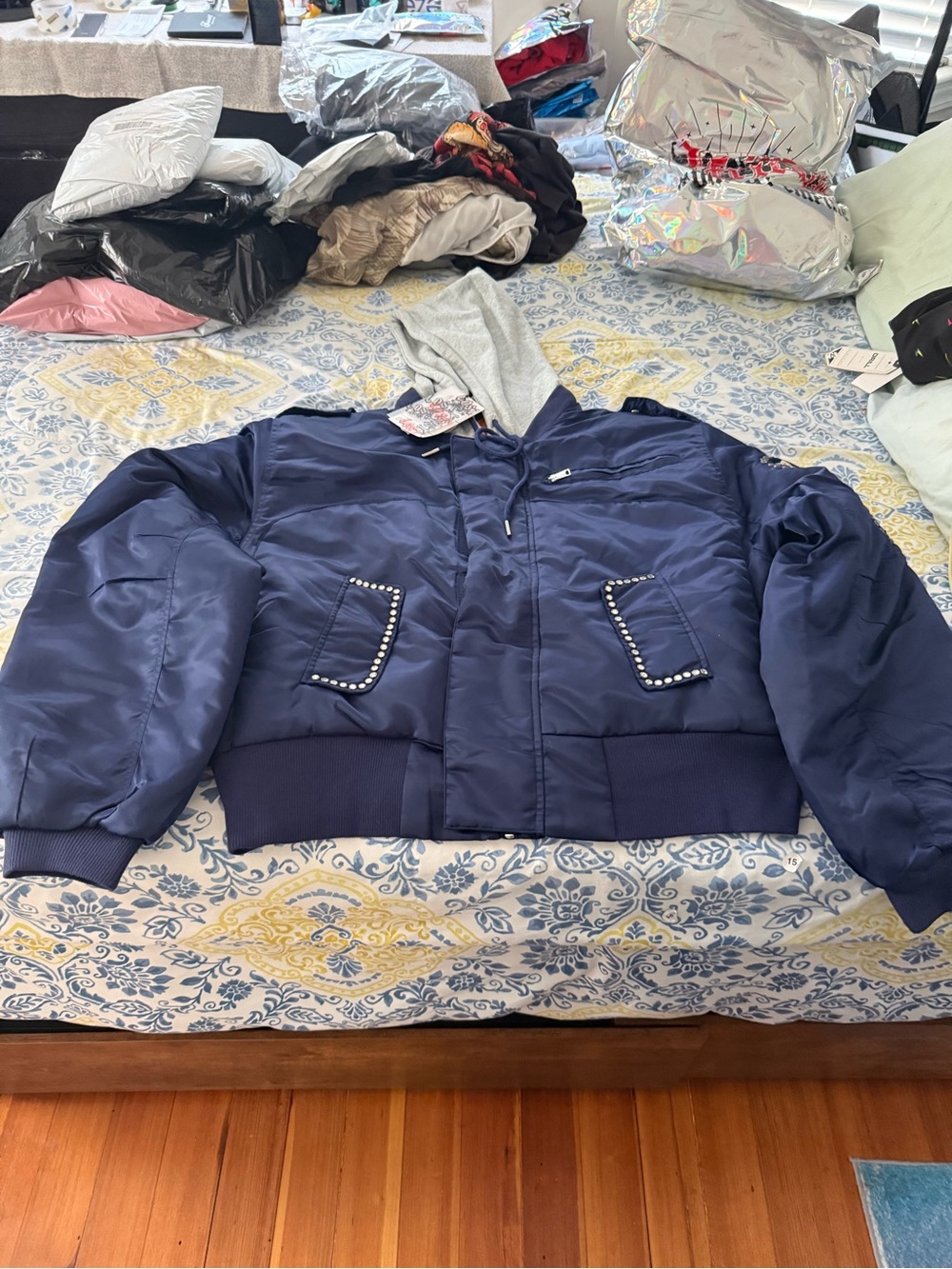 Lost Intricacy Navy Bomber Jacket with Hood and Studded Pockets